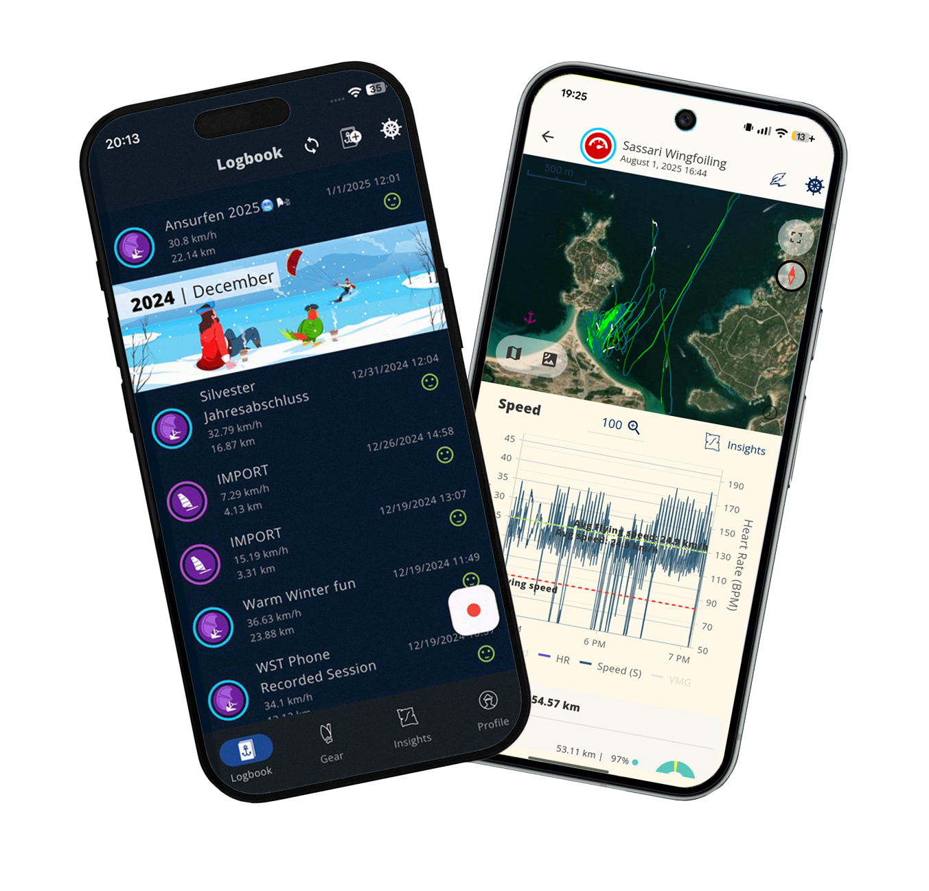 WindSportTracker app screens showing windsurfing, kitesurfing, and wingfoiling session tracking