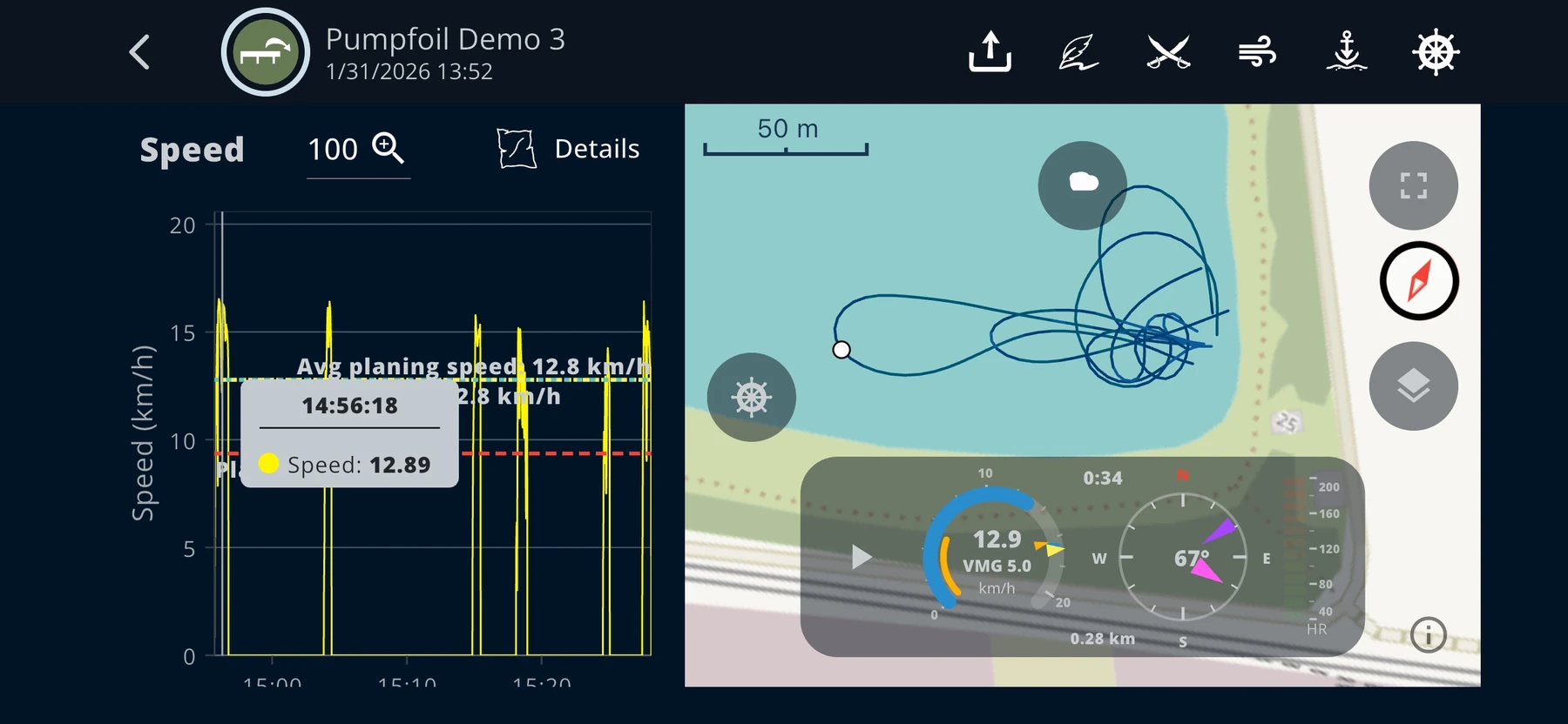 WindSportTracker Pumpfoil-Analyse mit Speed-Diagramm der Läufe, Sessionkarte und Cockpit