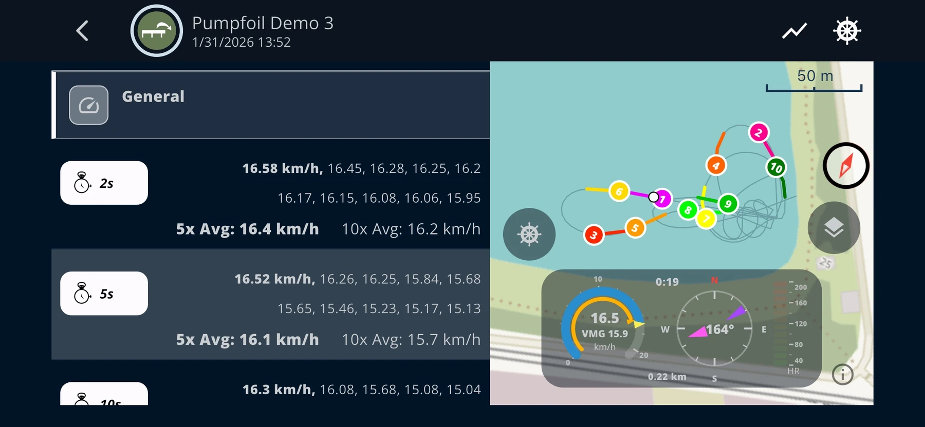 Speedintervalle einer Pumpfoil-Session mit markierten Läufen auf der Karte