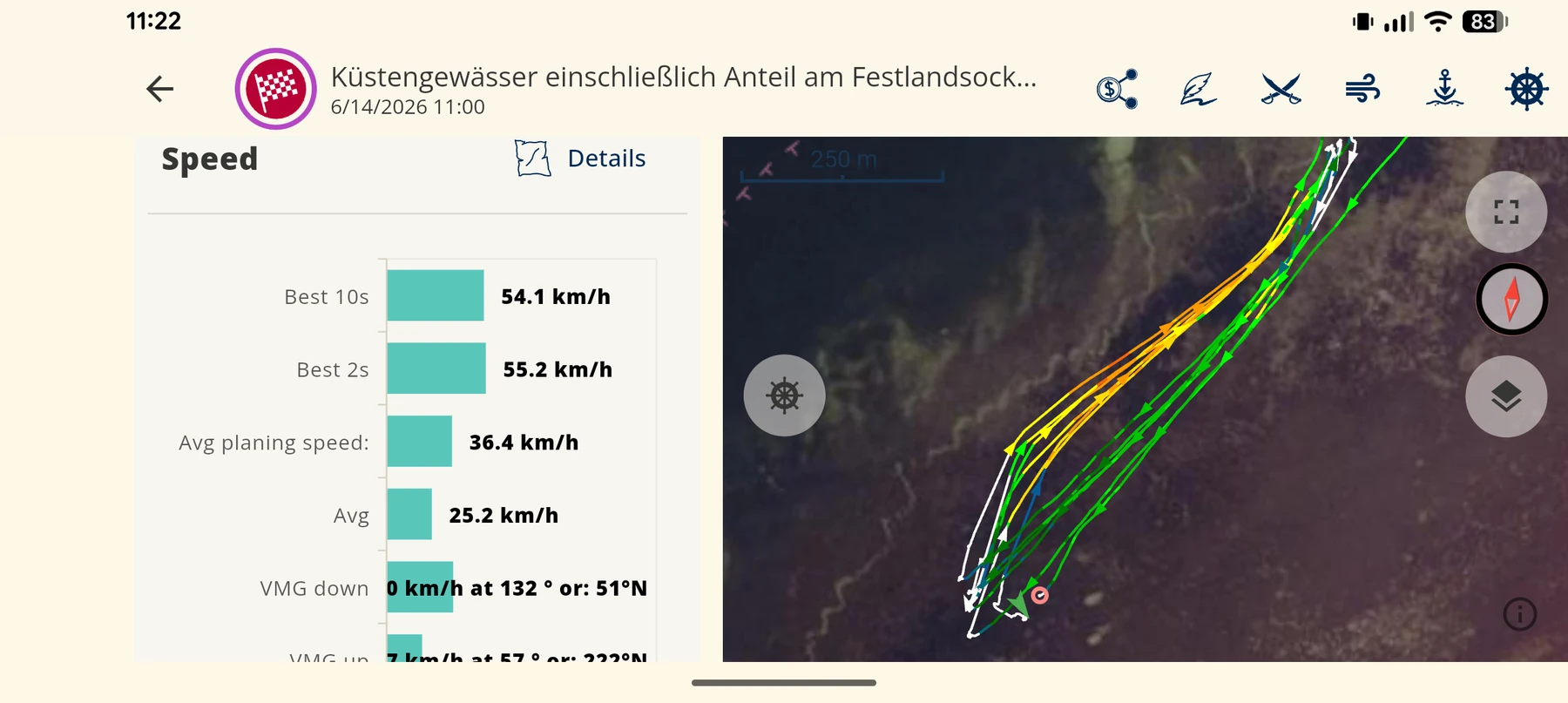 WindSportTracker Windsurf-Speedanalyse mit Bestwerten, Gleitgeschwindigkeit und Track auf der Karte